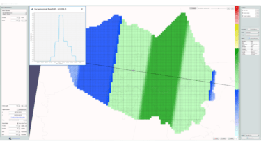 The Storm Builder interface below shows hyetograph motion over a sanitary sewer collection system.