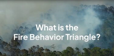 Text asks "What is the Fire Behavior Triangle" over a background image of a wildfire